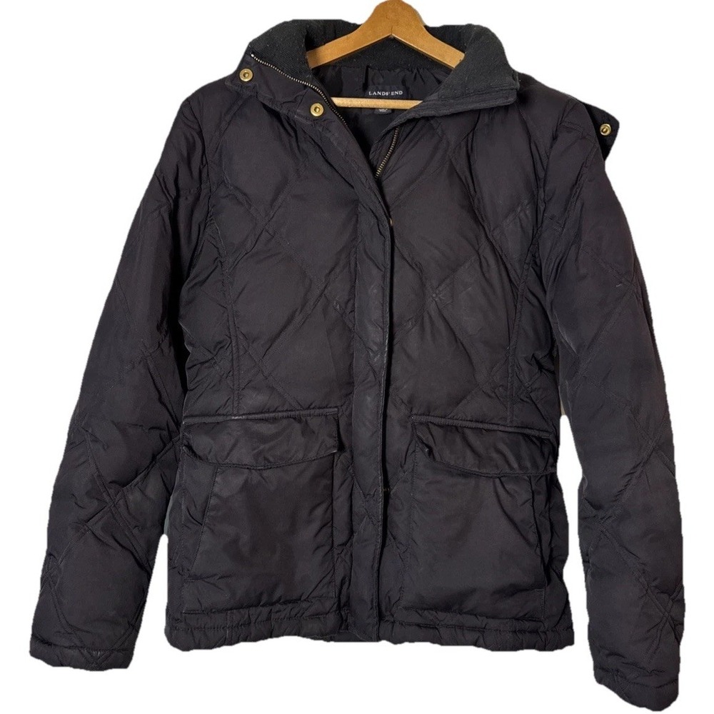 Lands' End Women's Small Black‎ Down Puffer Jacket Fur Hood Winter Coat